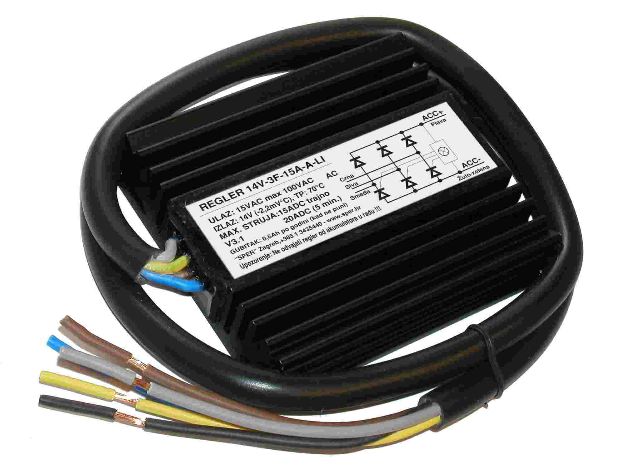 Serijski trofazni 15A regler za ulazni napon do 100VAC. Najčešća primjena za motocikle. Dimenzije: 100*88*25mm. Temperaturna zaštita: 80°C. Maksimalni rpm motora: 8000rpm. Garancija: 3 godine.